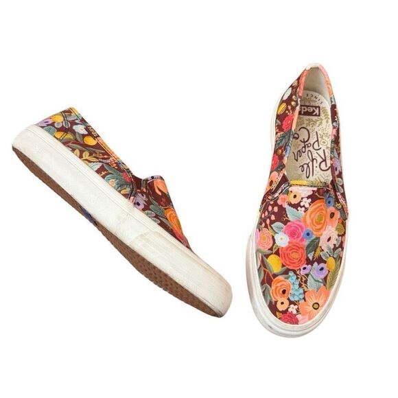 Keds x Rifle Paper Company Double Decker Slip-On Sneakers Burgundy Floral Size 6 - Picture 2 of 8